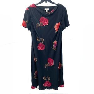 Vintage Talbots Women Size 14W 100% Silk Midi Shift Dress Cowl Neck Floral Black